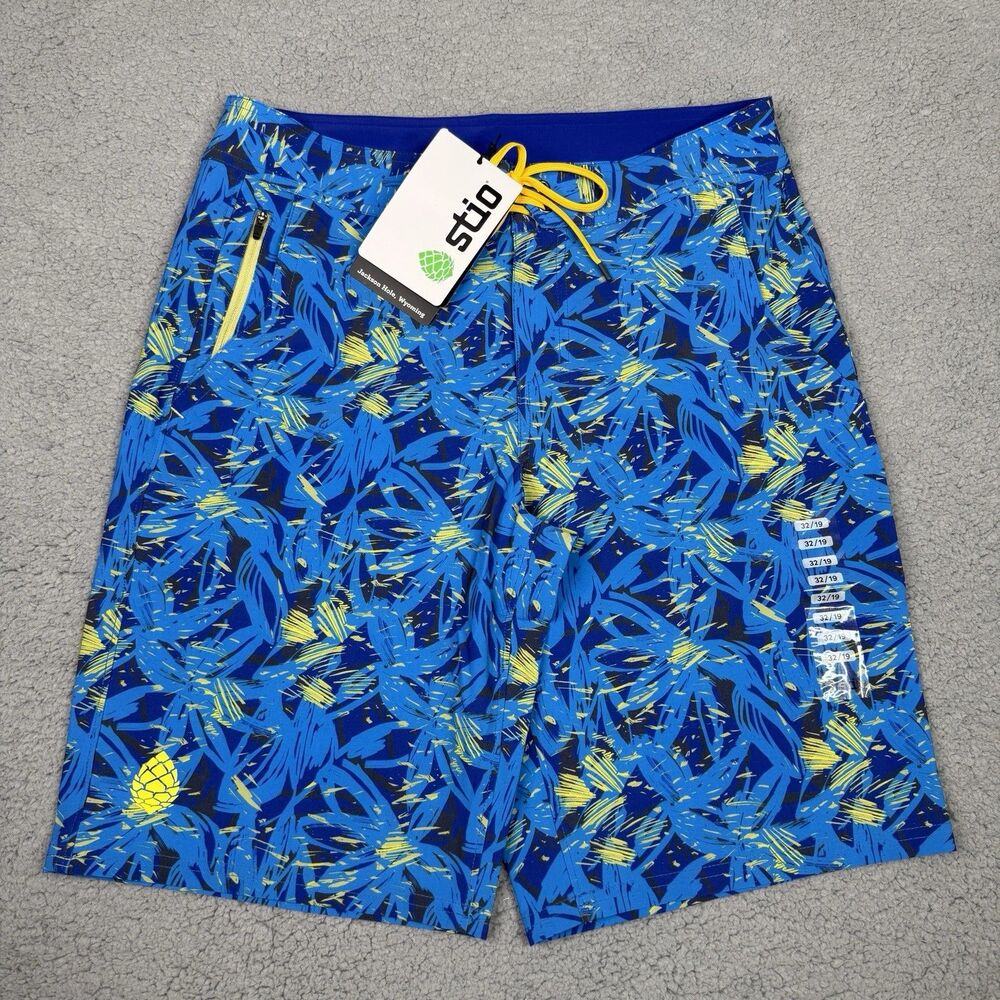 Stio CFS Board Short Mens 32 Blue Floral 19" Swim Surf Stretch Quick Dry UPF New